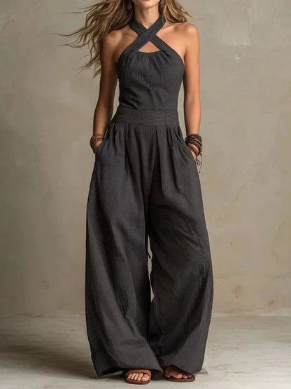 Cross Halter Neck Wide Leg Jumpsuit