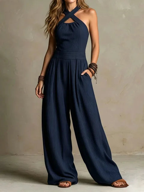 Cross Halter Neck Wide Leg Jumpsuit
