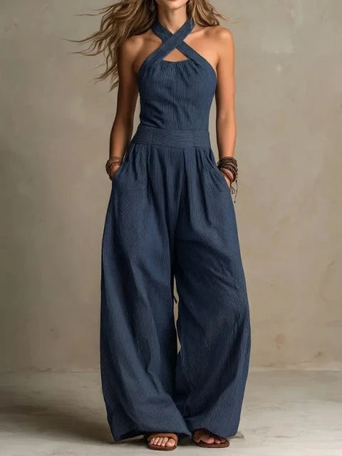 Cross Halter Neck Wide Leg Jumpsuit