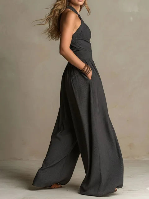 Cross Halter Neck Wide Leg Jumpsuit
