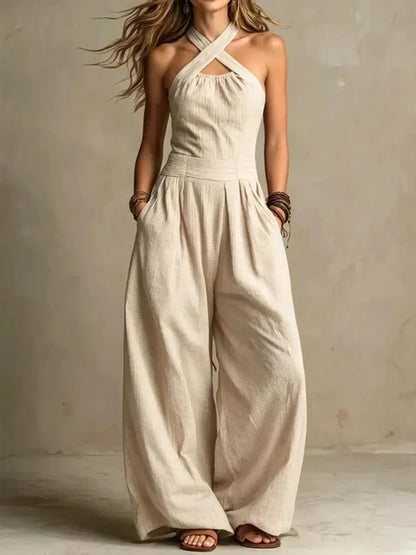 Cross Halter Neck Wide Leg Jumpsuit